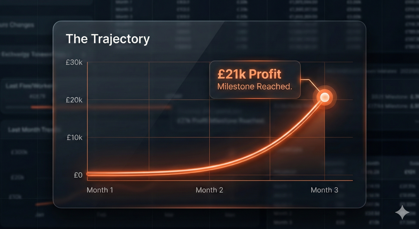 Trajectory line graph showing £21k profit milestone